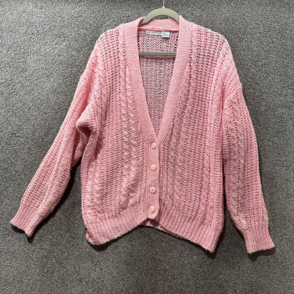 VTG Liz Thomas Pink Cable Knit Cardigan Sweater V-Neck Button Up Medium Coquette